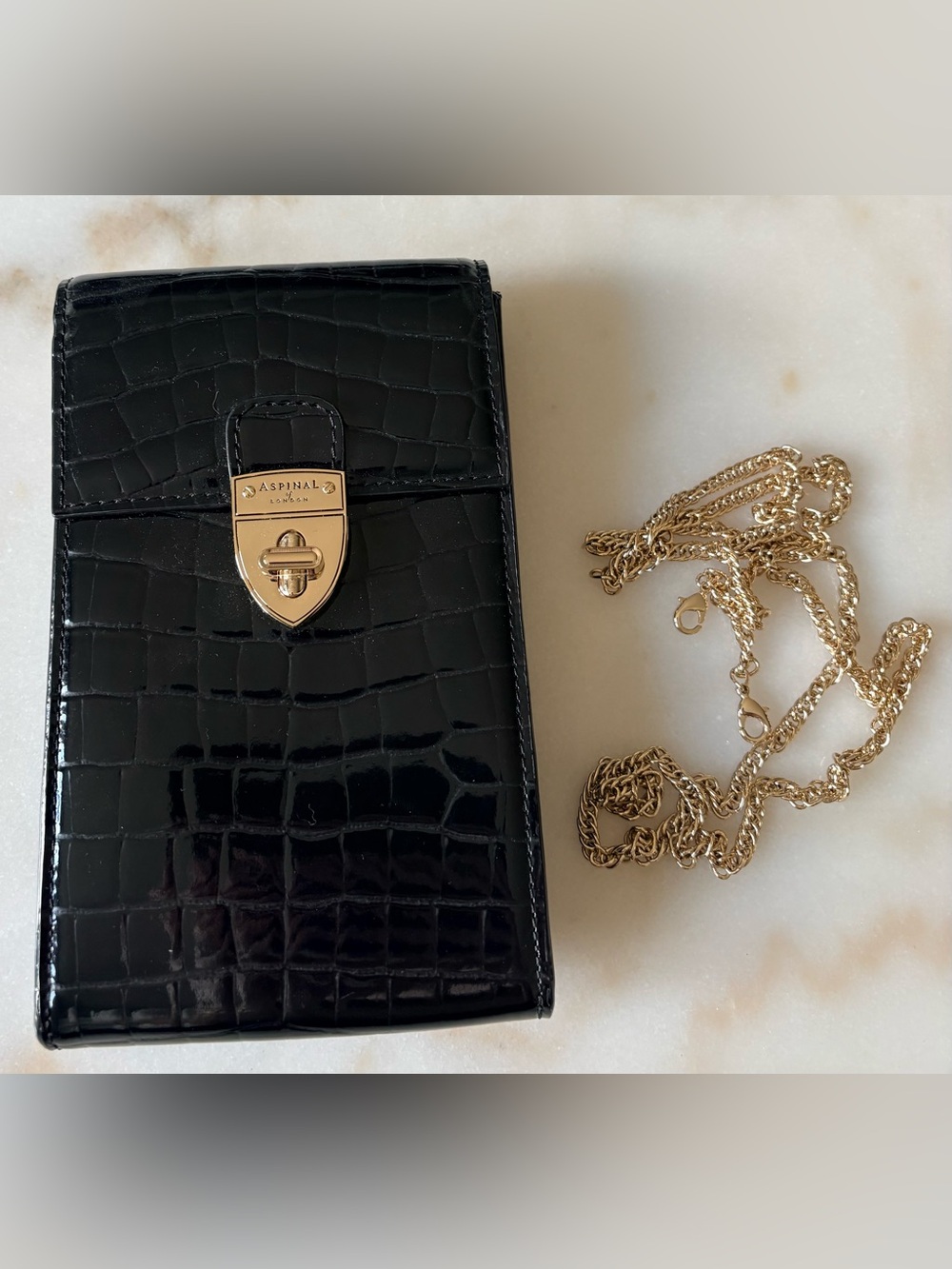 Aspinal of London Black Croc-Embossed patent leather Phone Case with Gold Chain
